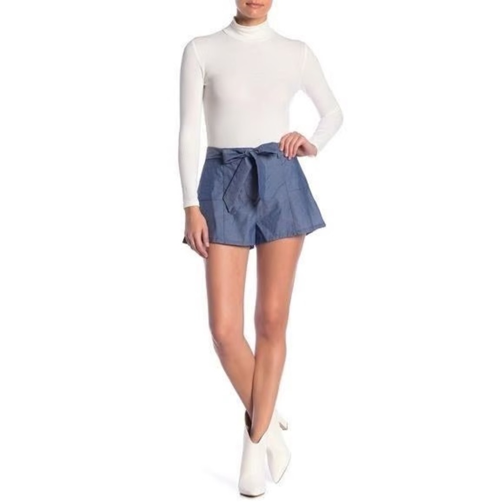 Parker Fanny Tie Waist Chambray Shorts Cotton Belted Medium Blue P8L3746CMB EUC